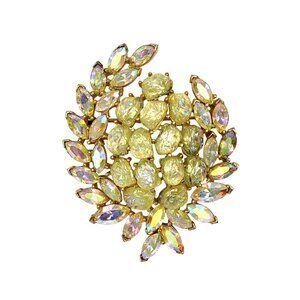 Crown Trifari Etoile Yellow Lava Glass Pin AB Rhinestone Mid-Century Brooch